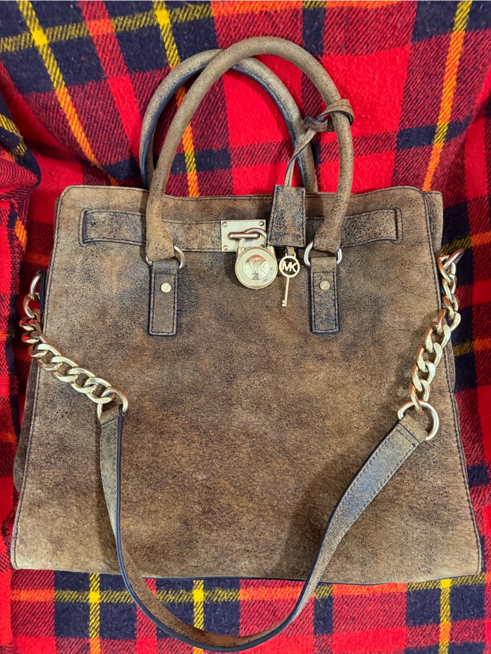 RARE!!Michael Kors Hamilton Brown Distrassed Leather Gold Chain Logo Shoulder